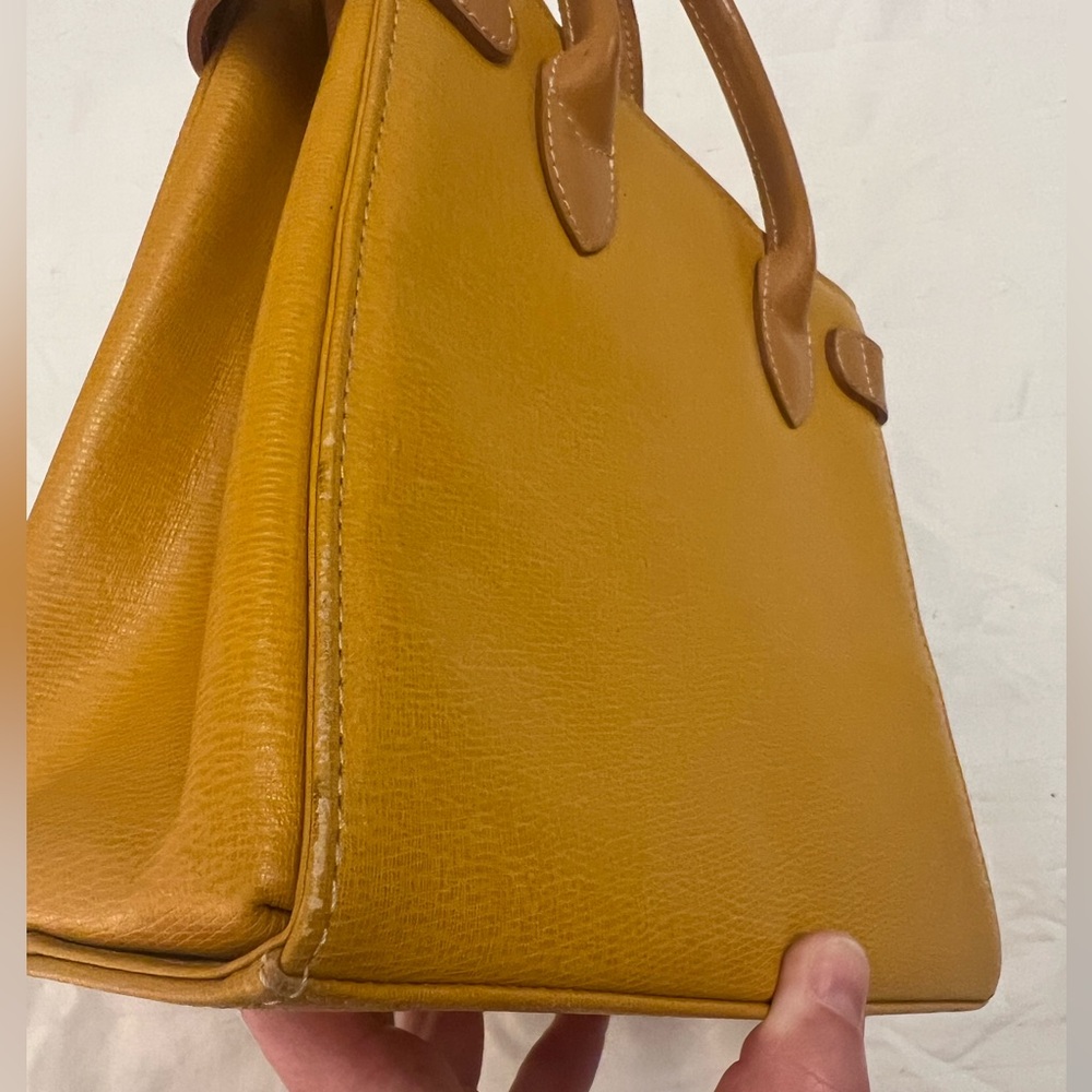 Burberry Yellow Leather Top Handle Handbag Vintage Haymarket Check Mustard Brown - Picture 10 of 12